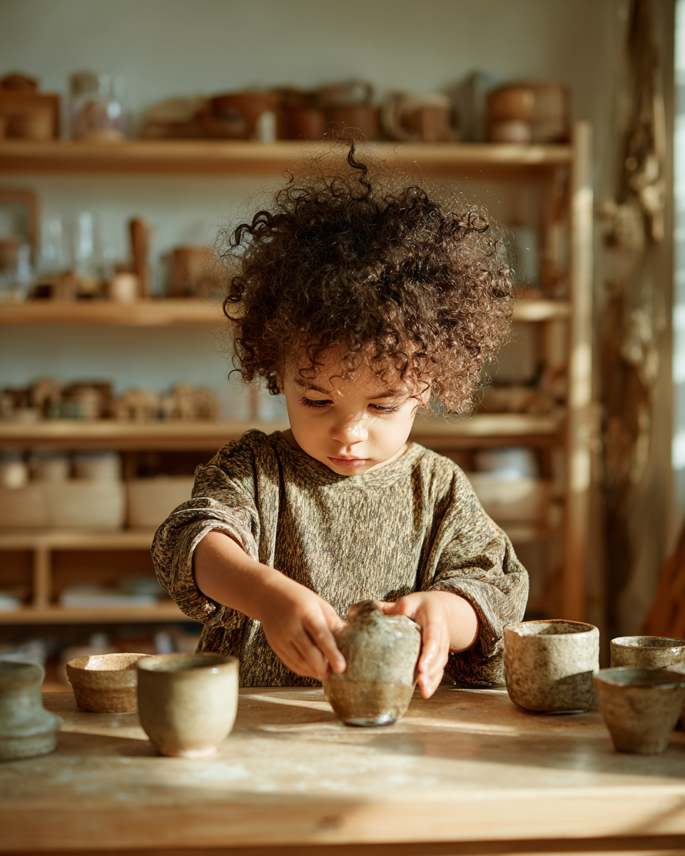 Toddler focused on Montessori practical activity in warm workshop light