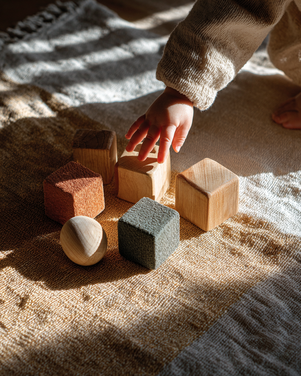 Child&rsquo;s hands exploring wooden blocks in warm afternoon sunlight